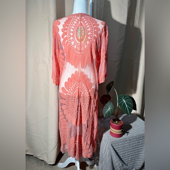 Rebellion Again Coral Pink Sheer Lace Maxi Duster Cardigan - Medium - NWT - Picture 2 of 11